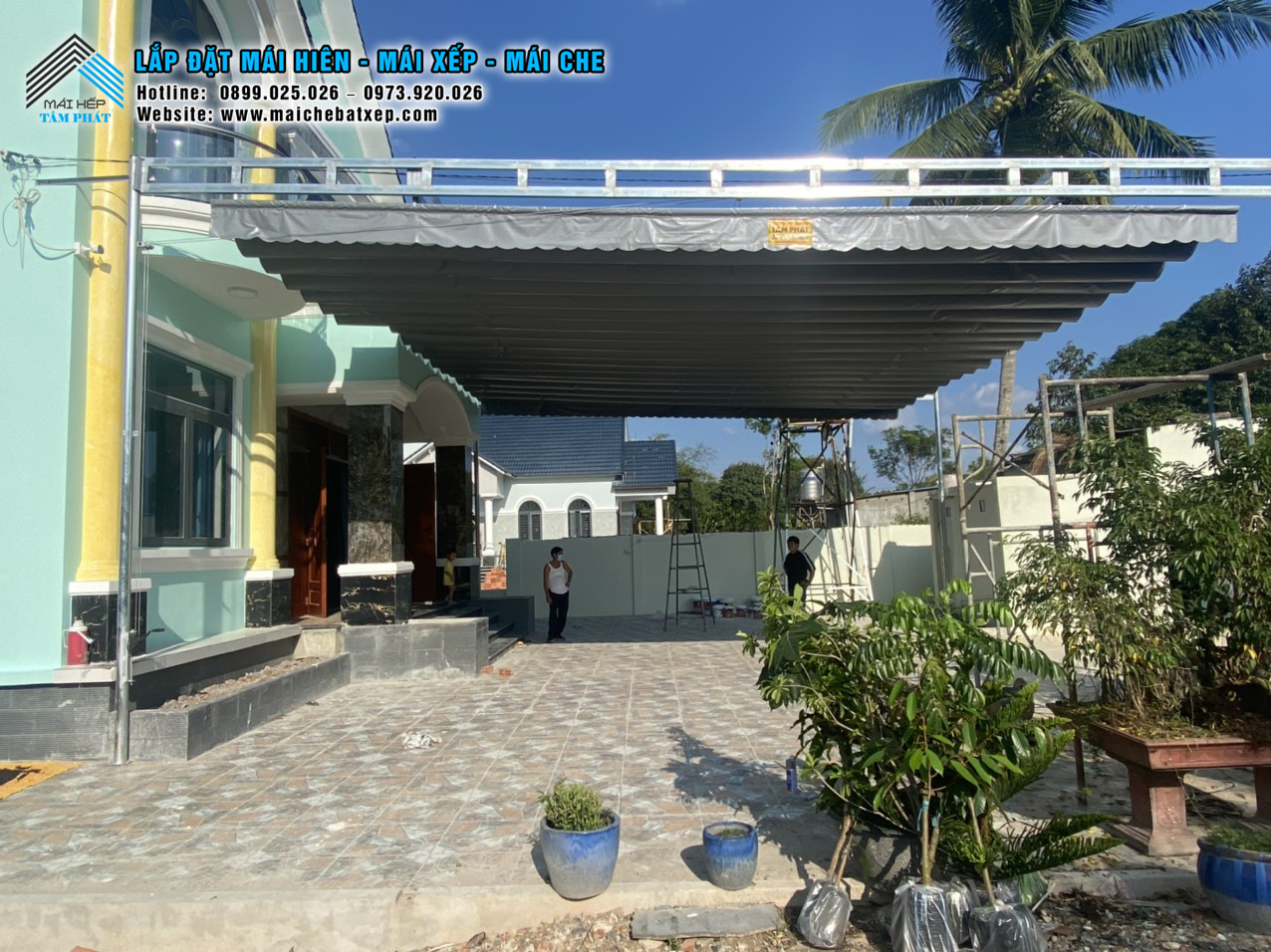 Mái che sân trước nhà đẹp, mái bạt xếp Tâm Phát