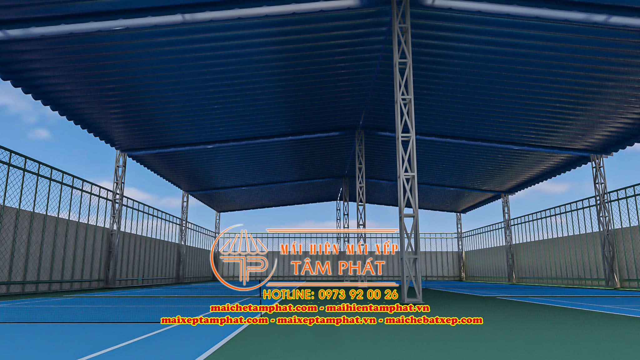 Lắp đặt Mái bạt kéo, mái xếp lượn sóng, Mái che di động cho sân Pickleball ở Long Khánh Đồng Nai