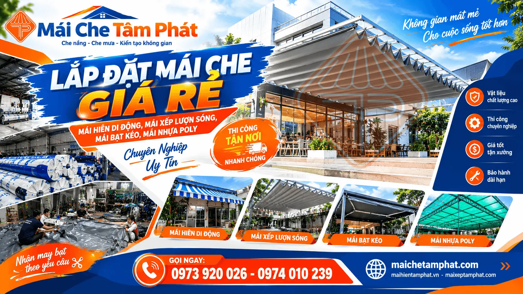 Tâm Phát: đơn vị chuyên thi công lắp đặt Mái xếp lượn sóng, mái bạt kéo, mái hiên di động tại Trảng Bom - Đồng Nai chuyên nghiệp - giá rẻ