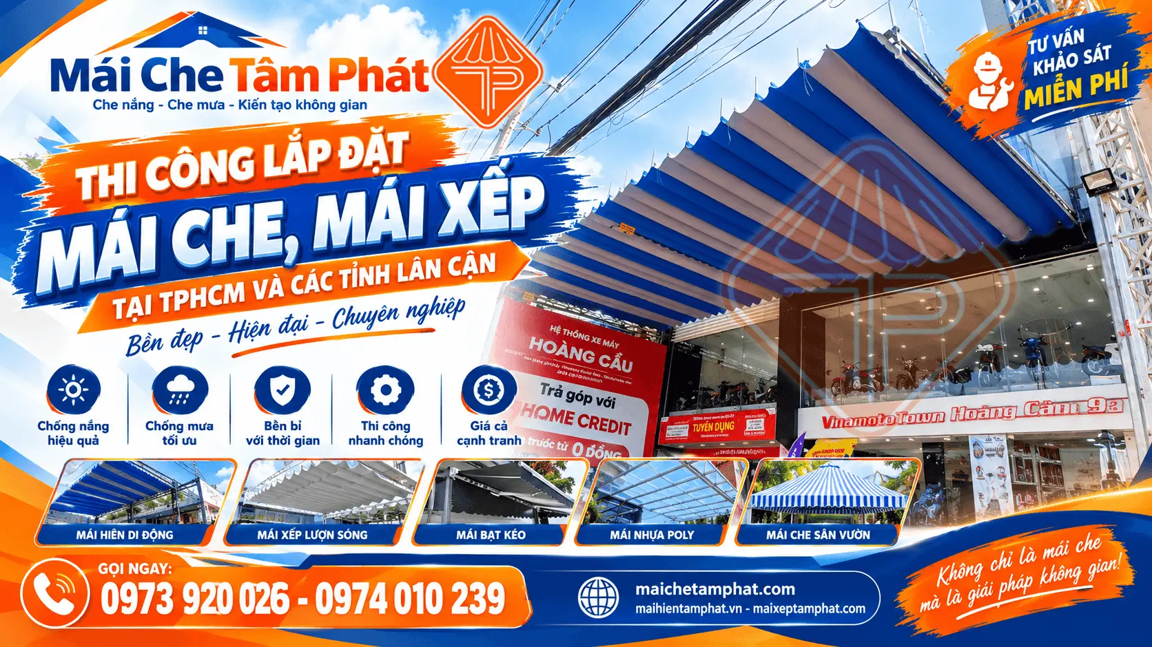 Tâm Phát: đơn vị chuyên thi công lắp đặt Mái xếp lượn sóng, mái bạt kéo, mái hiên di động chuyên nghiệp - giá rẻ tại Đồng Xoài - Bình Phước