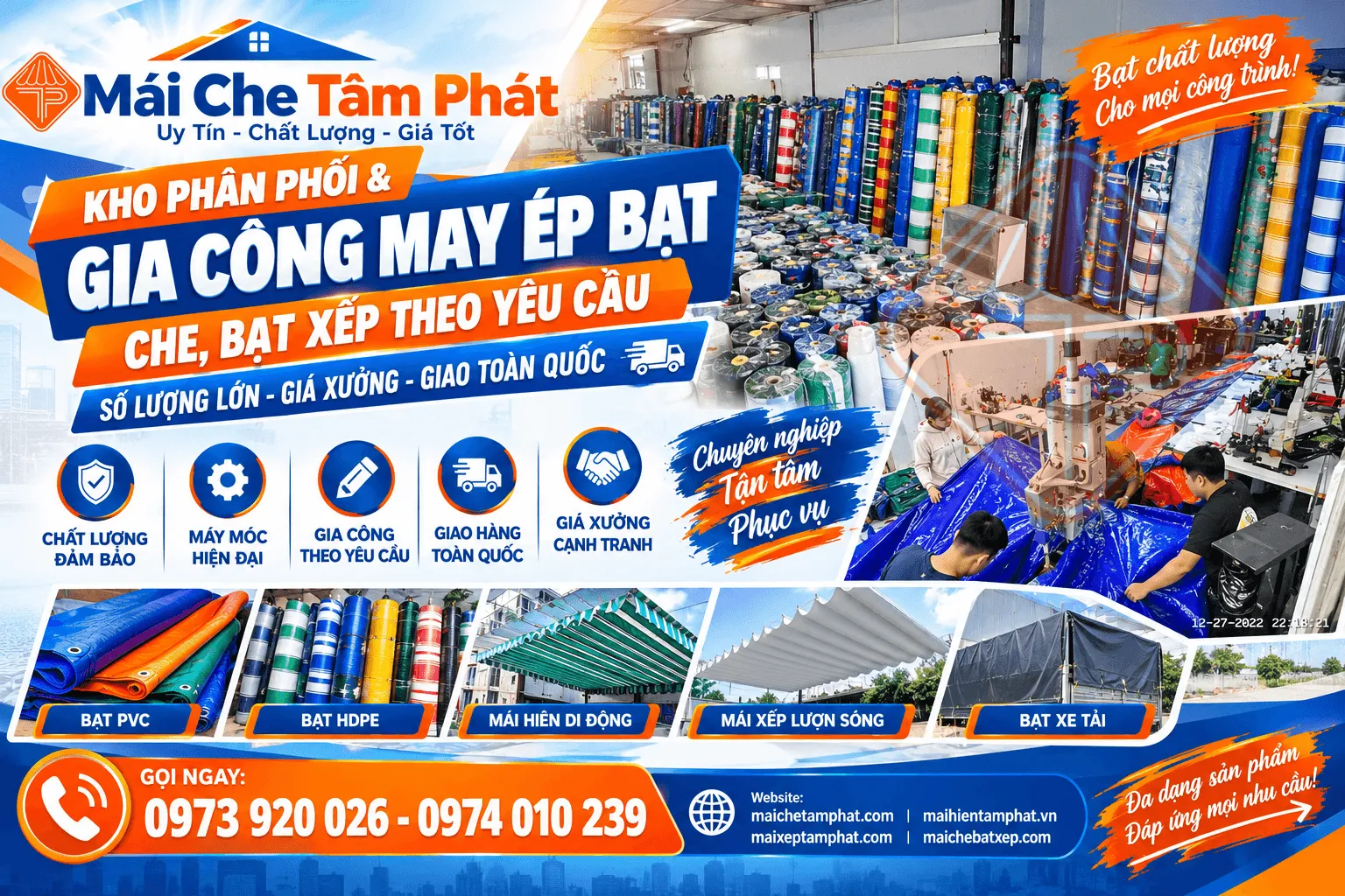 Kho bạt che Tâm Phát: Phân phối & Gia Công May ép bạt xếp, bạt mái hiên, bạt che theo yêu cầu giá rẻ Tại Lâm Đồng